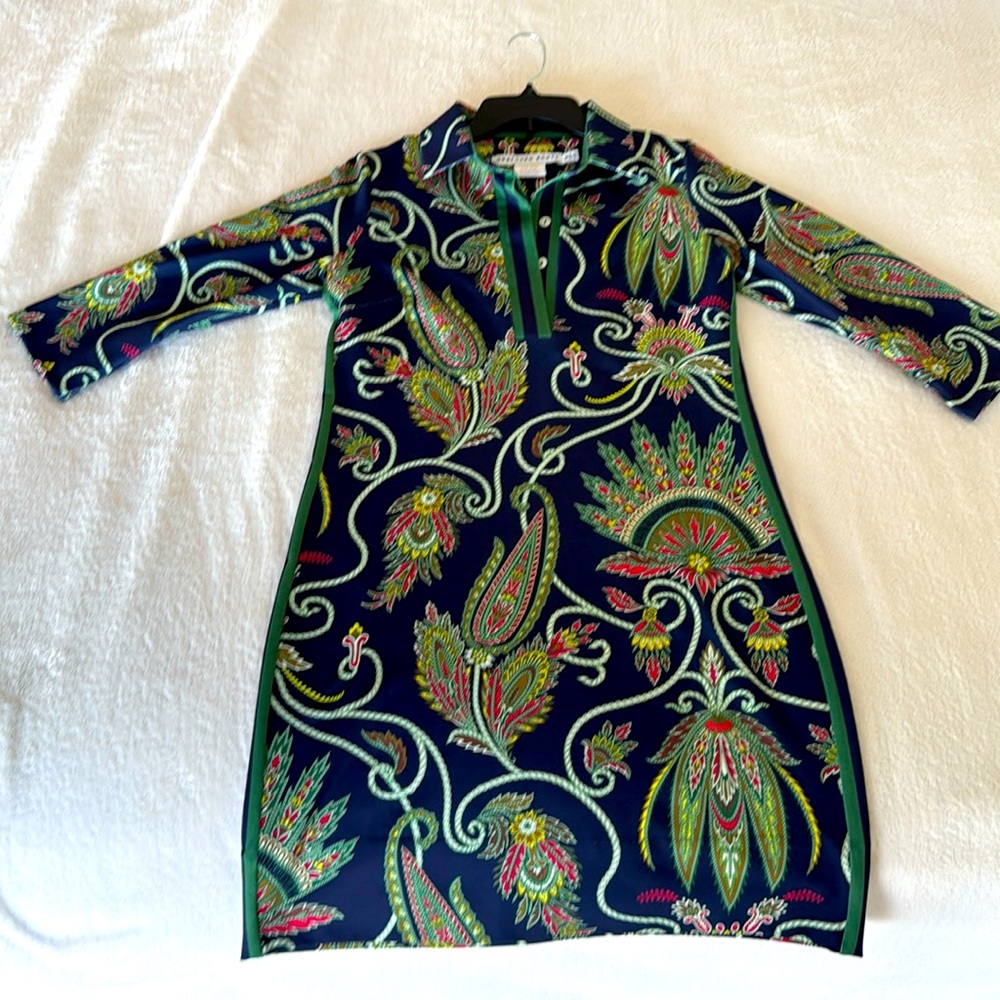 Gretchen Scott NWOT everywhere dress plume, navy green knee length dress size S